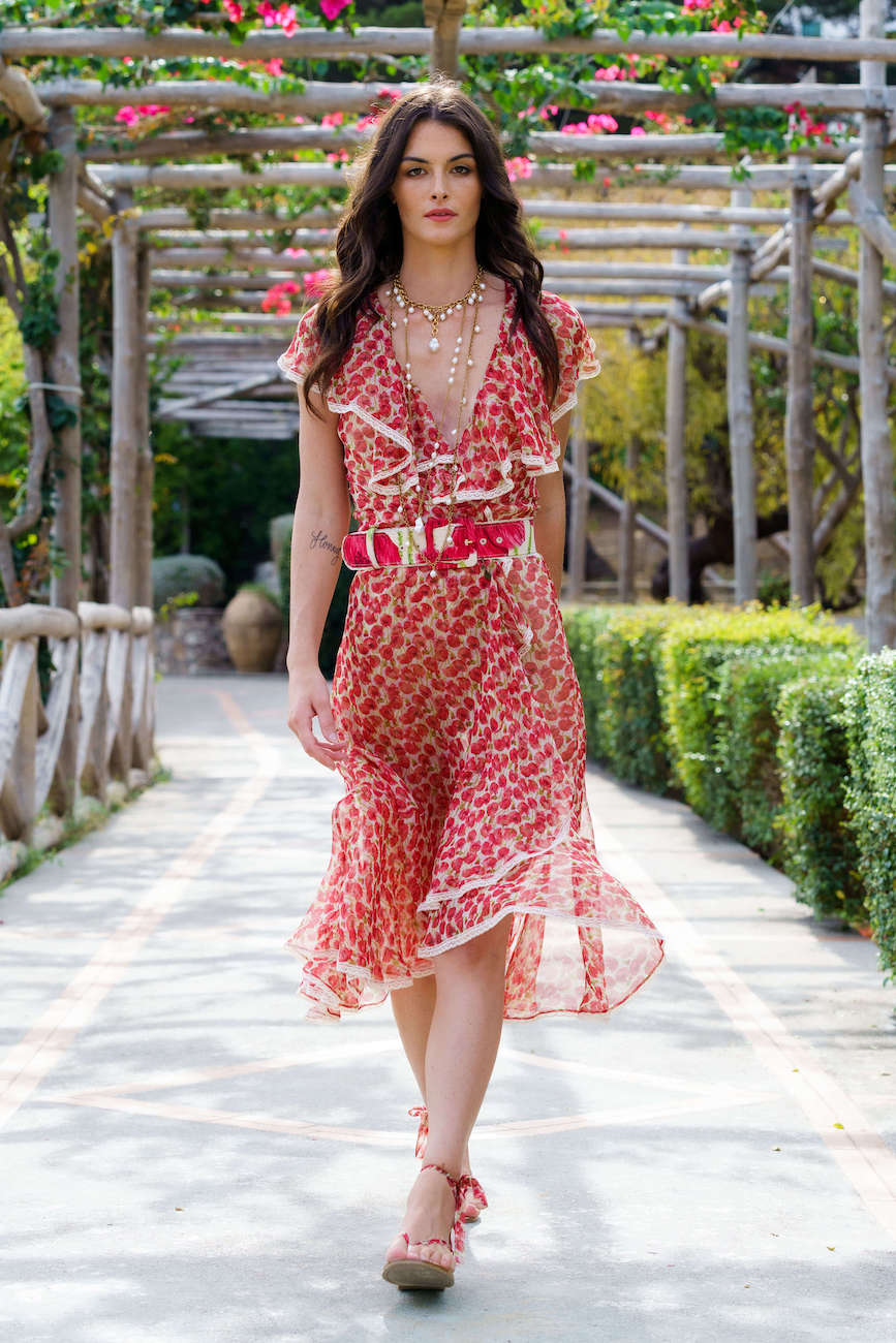 Vestito in chiffon con stampa Micro Papaveri