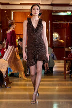 Brown Ruched Sequin Stretch Mini Dress