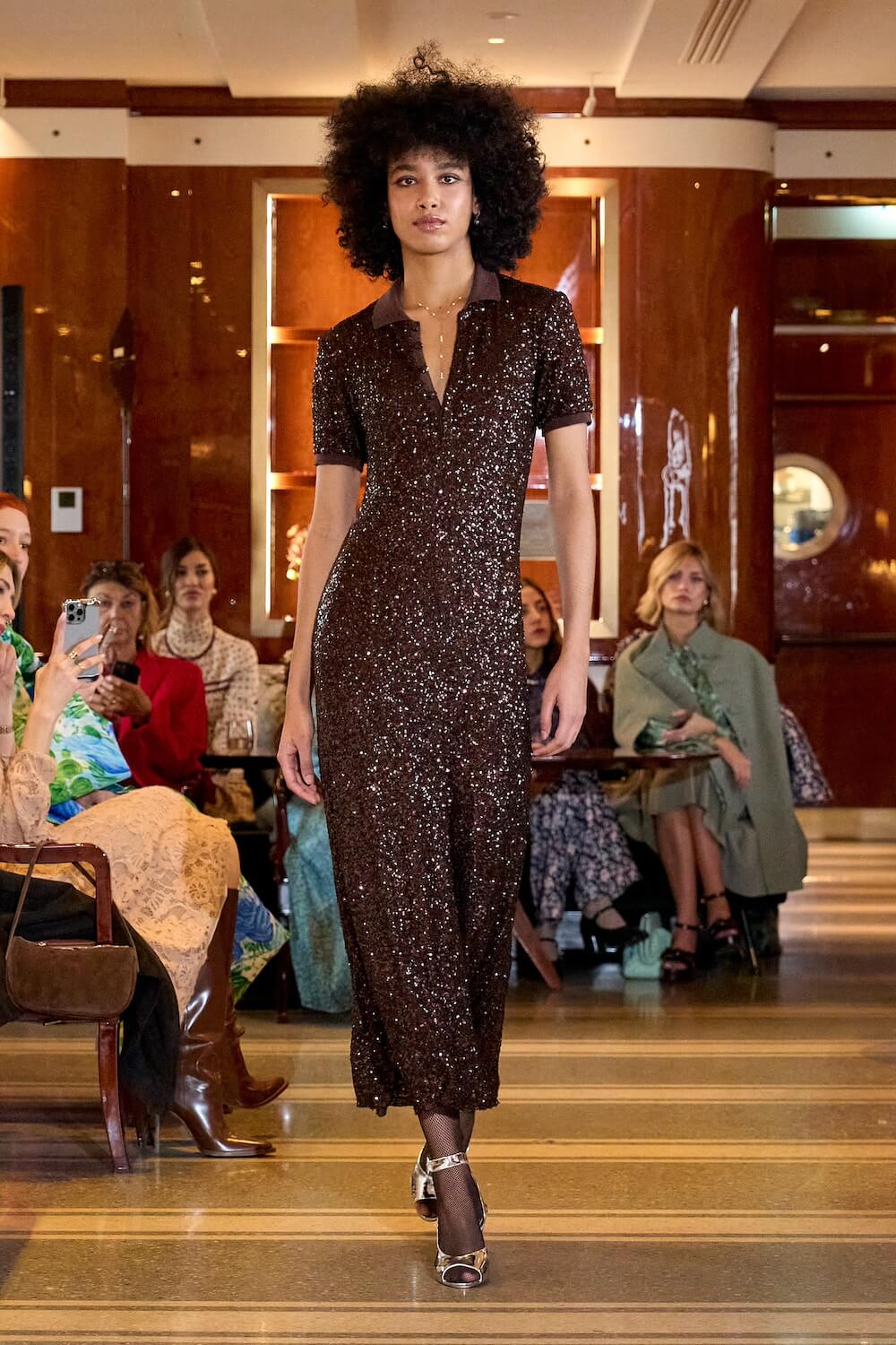 Brown Sequin Stretch Polo Dress