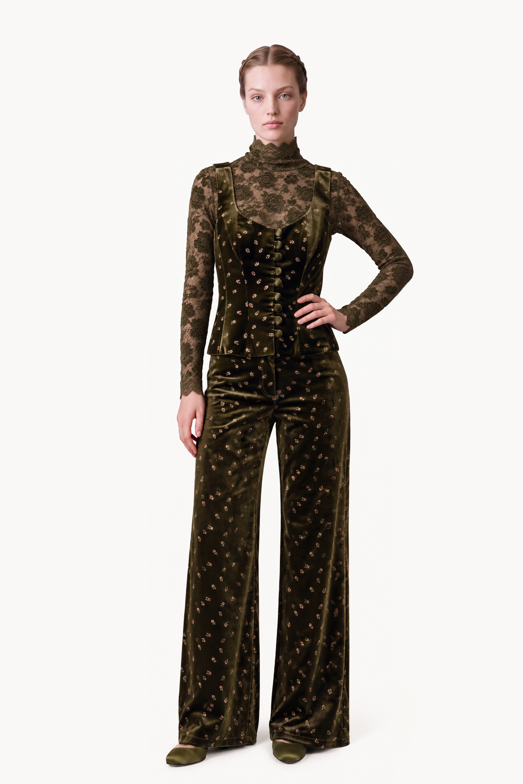 High-rise trousers in floral-embroidered velvet