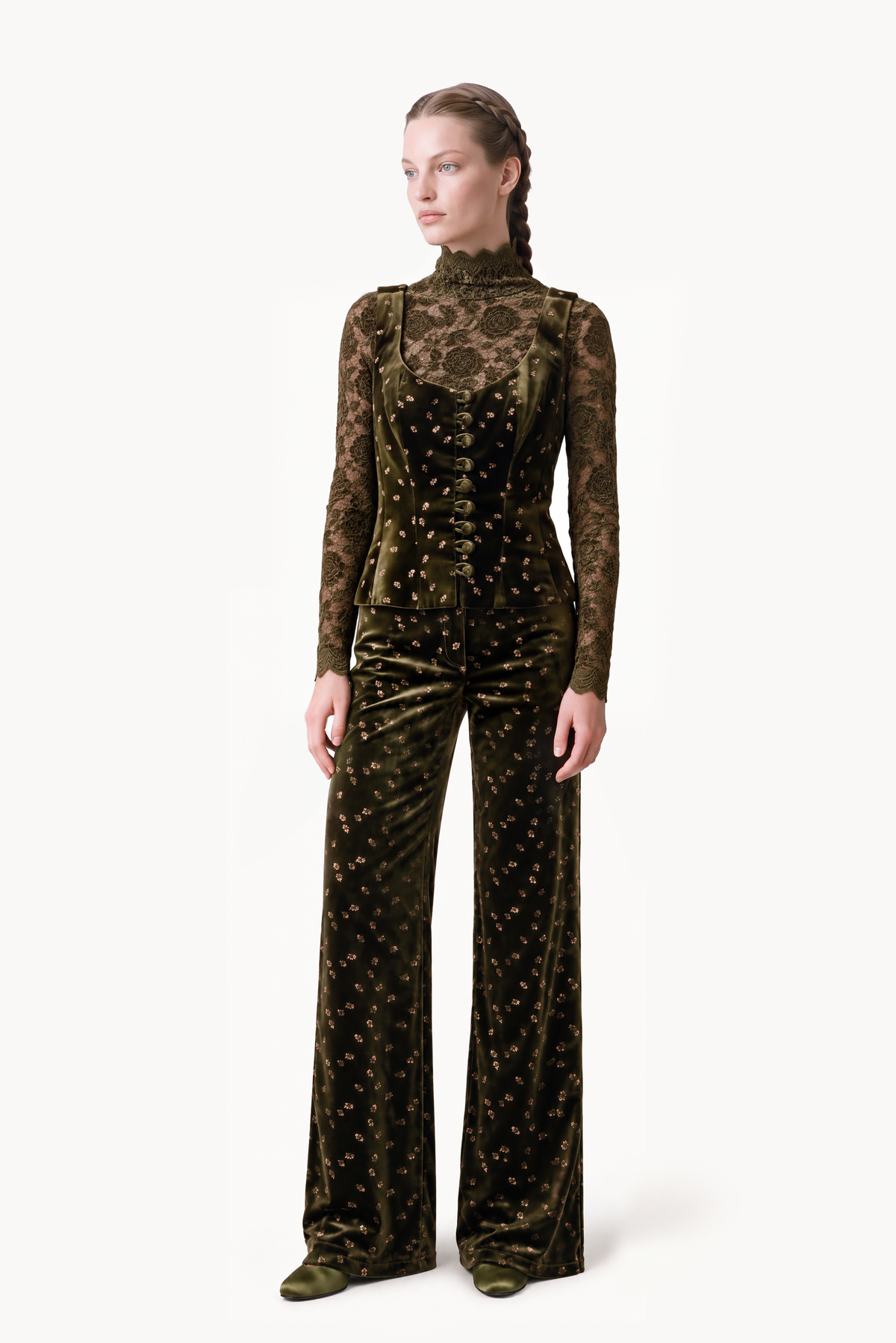 High-rise trousers in floral-embroidered velvet