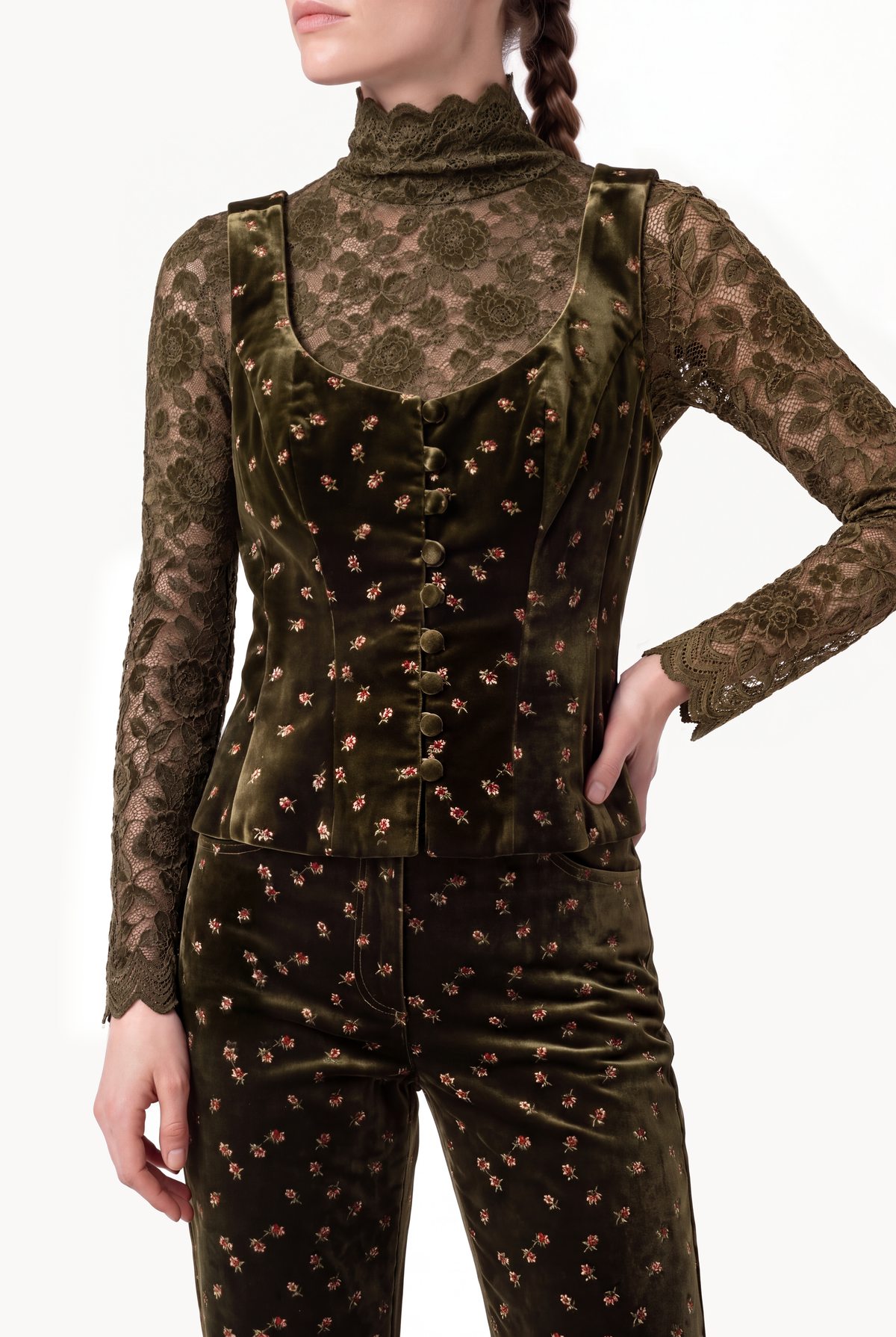 High-rise trousers in floral-embroidered velvet