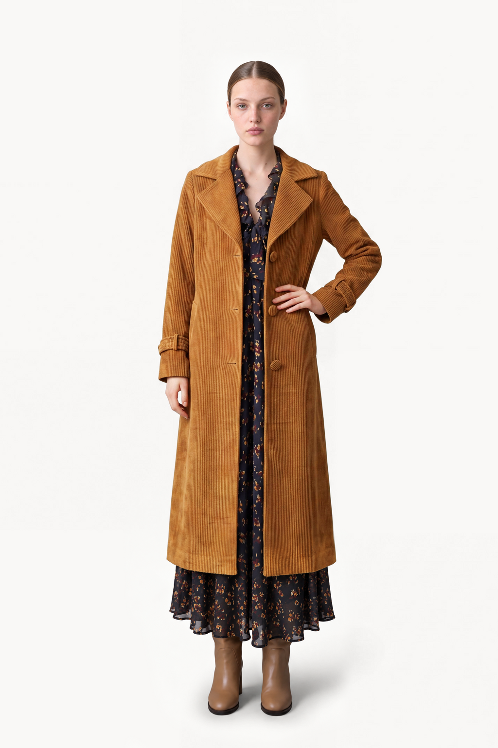 Trench corduroy coat with sash