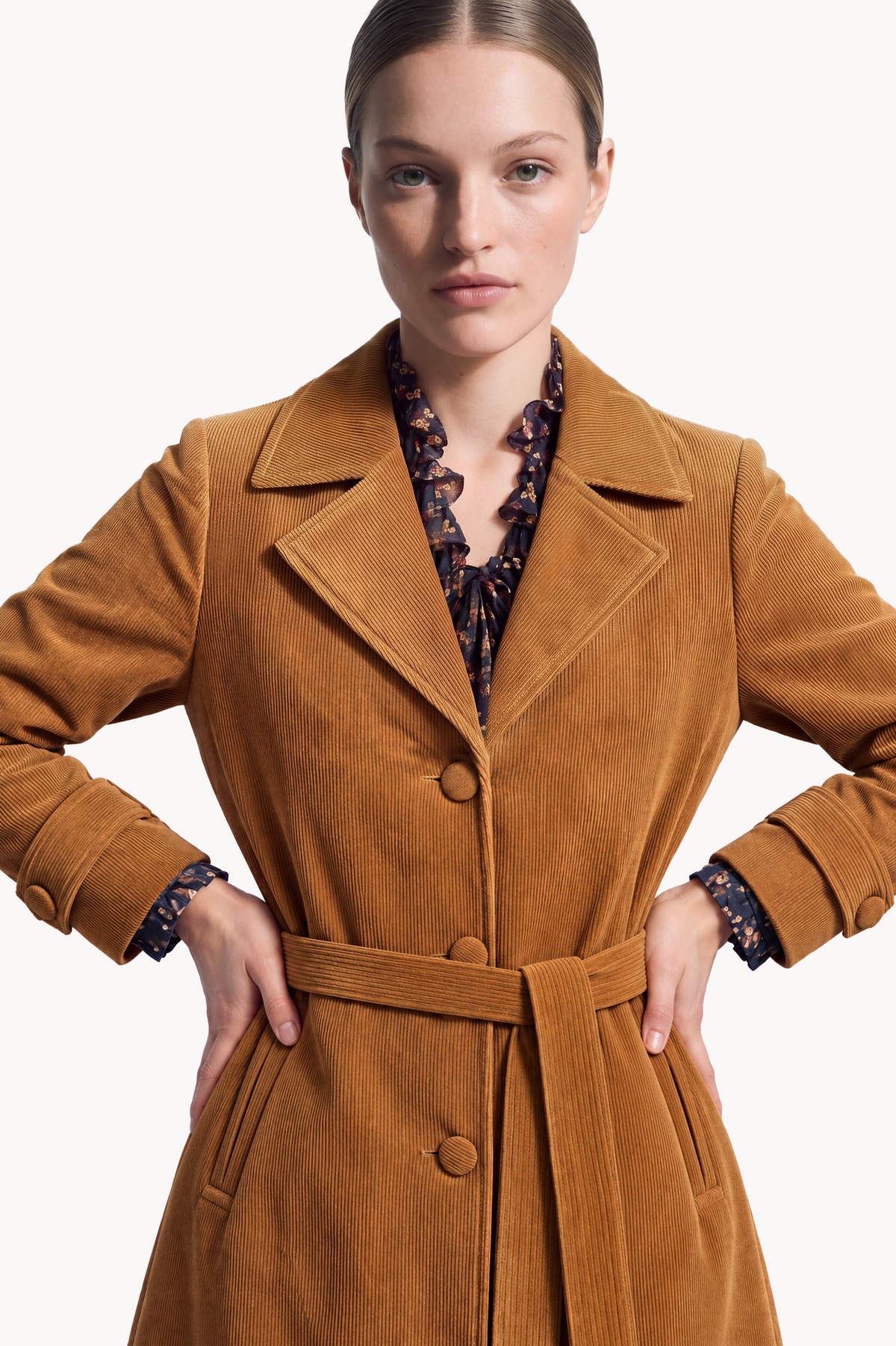 Trench corduroy coat with sash