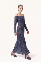 Off-the-shoulder long dress in floral velvet lac