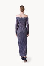 Off-the-shoulder long dress in floral velvet lac
