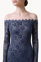 Off-the-shoulder long dress in floral velvet lac