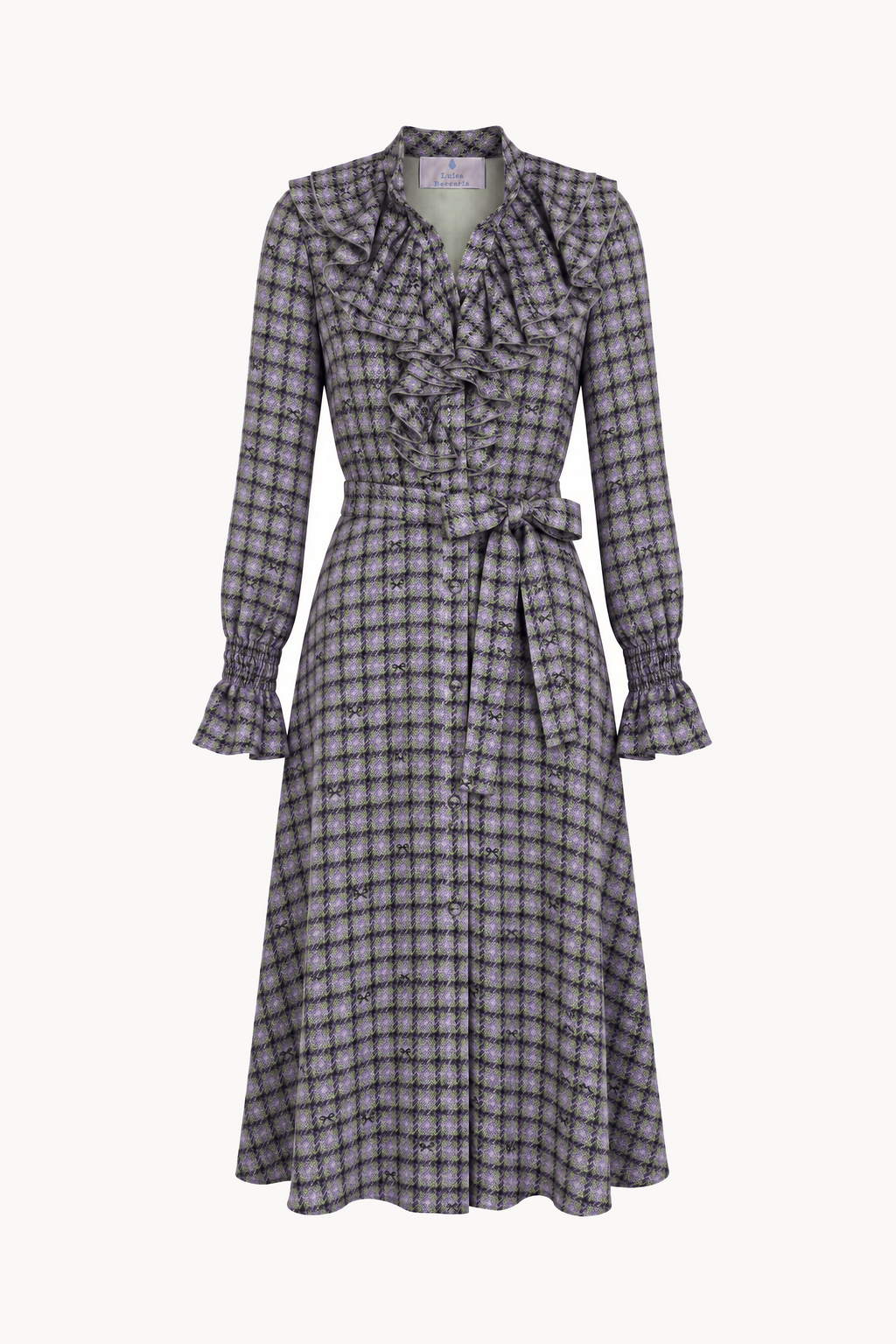 Ruffled lavallière shirt dress in tartan