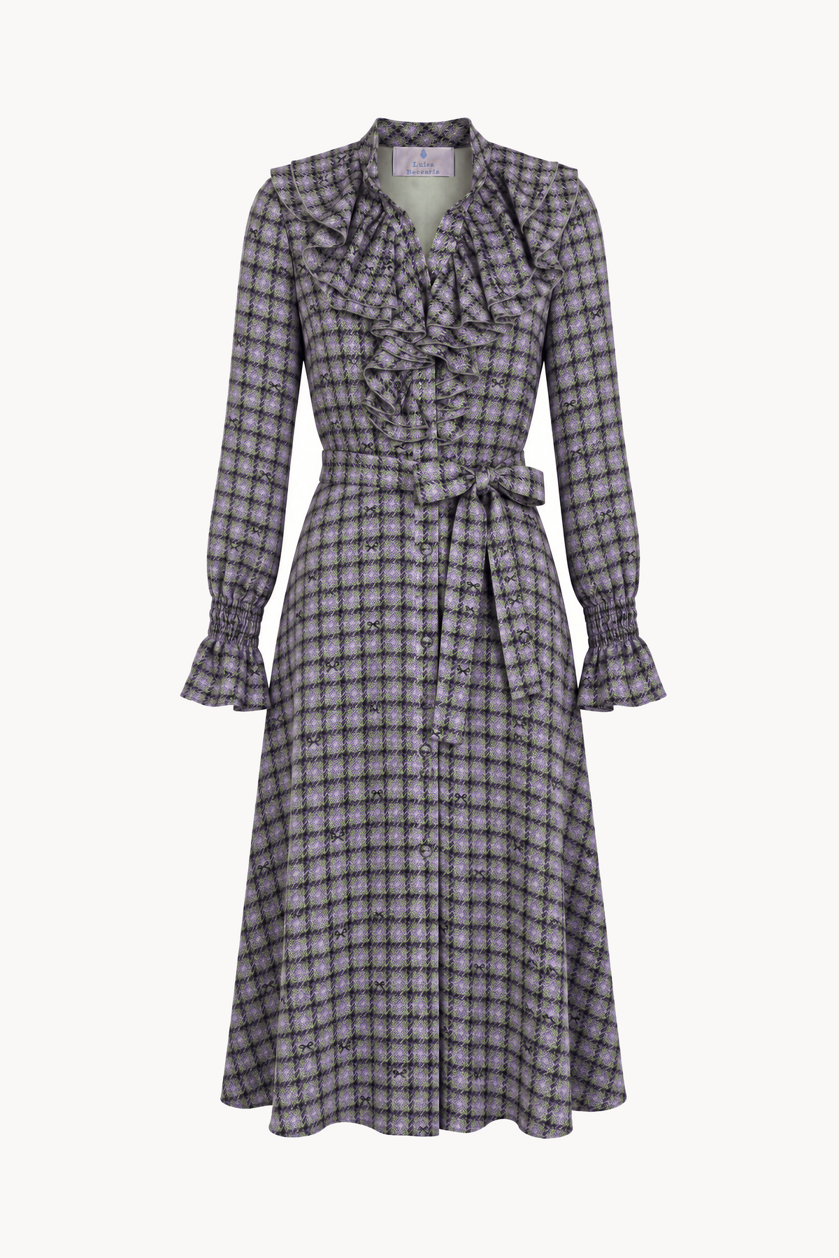Ruffled lavallière shirt dress in tartan