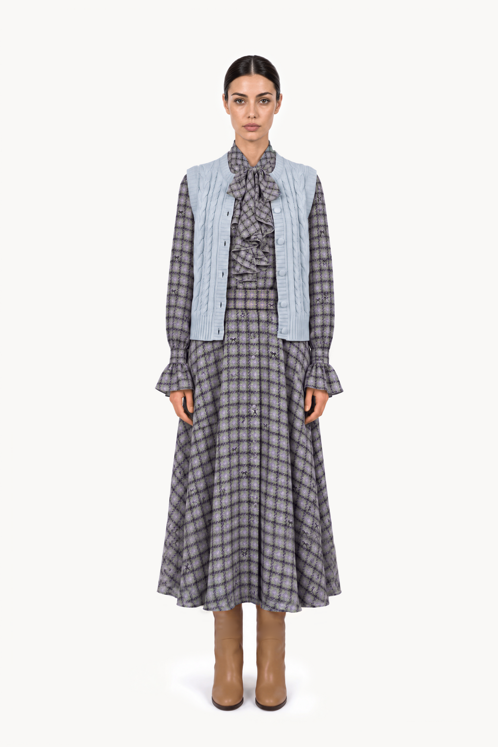 Ruffled lavallière shirt dress in tartan