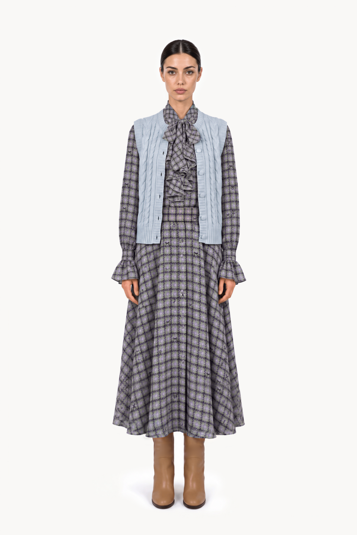 Ruffled lavallière shirt dress in tartan