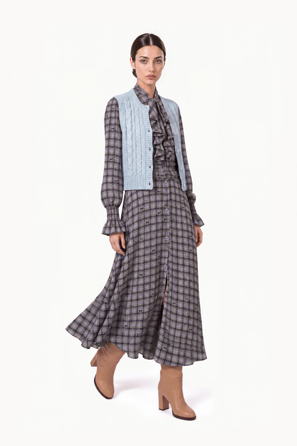 Ruffled lavallière shirt dress in tartan
