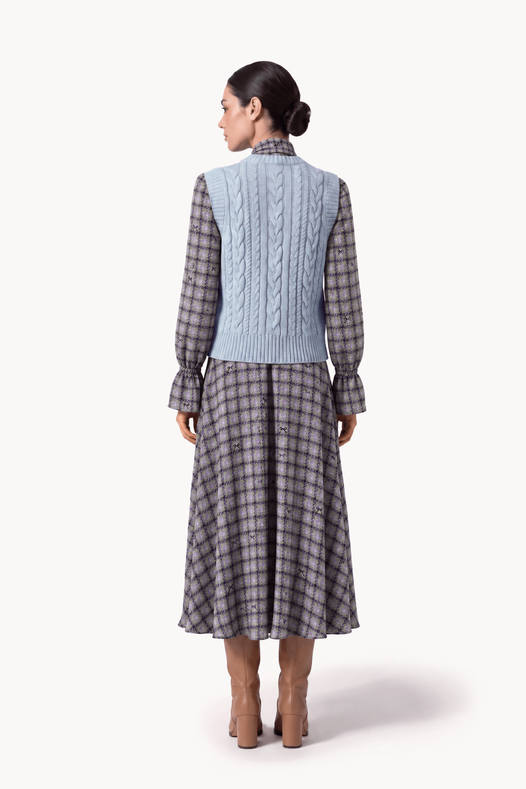 Ruffled lavallière shirt dress in tartan