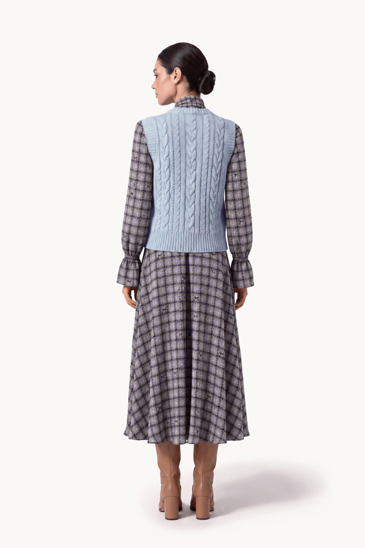 Ruffled lavallière shirt dress in tartan