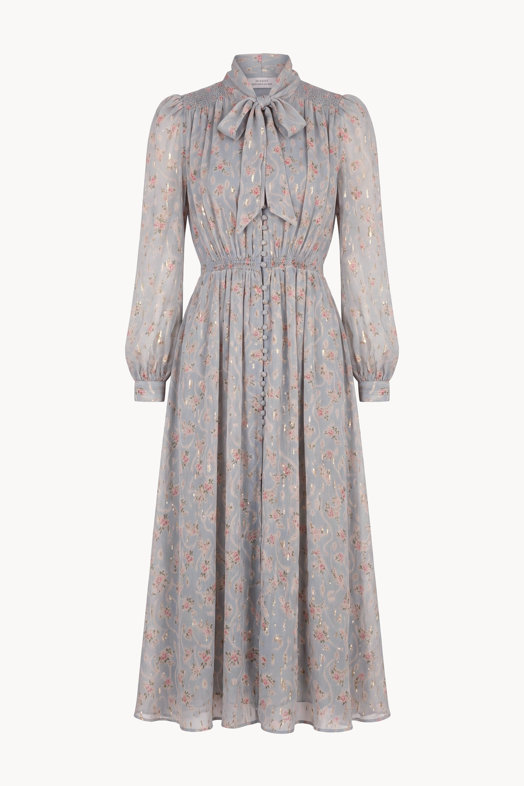 Button-front lavallière midi dress in floral gold fil coupé