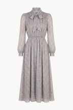 Button-front lavallière midi dress in floral gold fil coupé