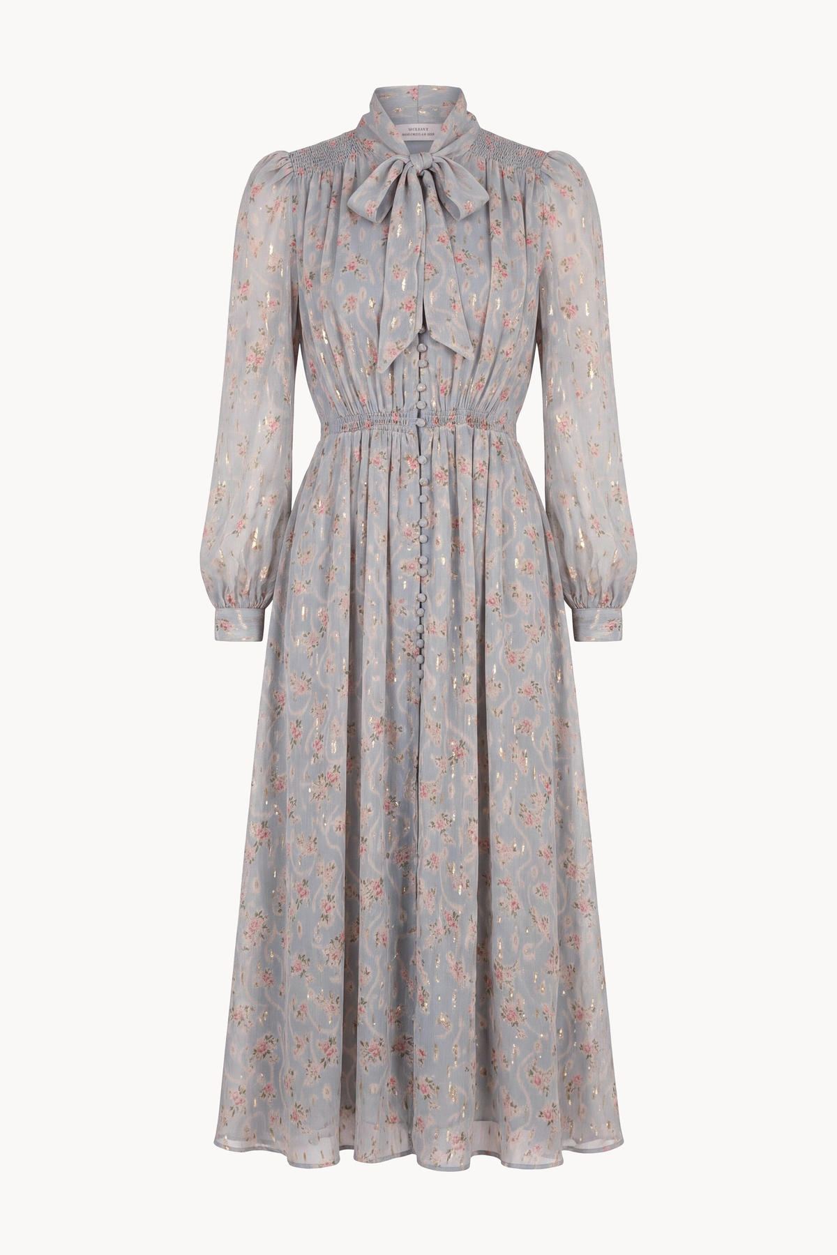 Button-front lavallière midi dress in floral gold fil coupé