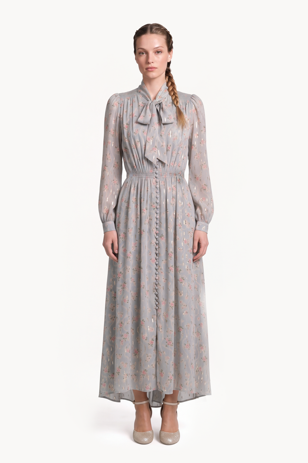 Button-front lavallière midi dress in floral gold fil coupé