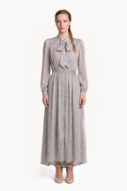 Button-front lavallière midi dress in floral gold fil coupé