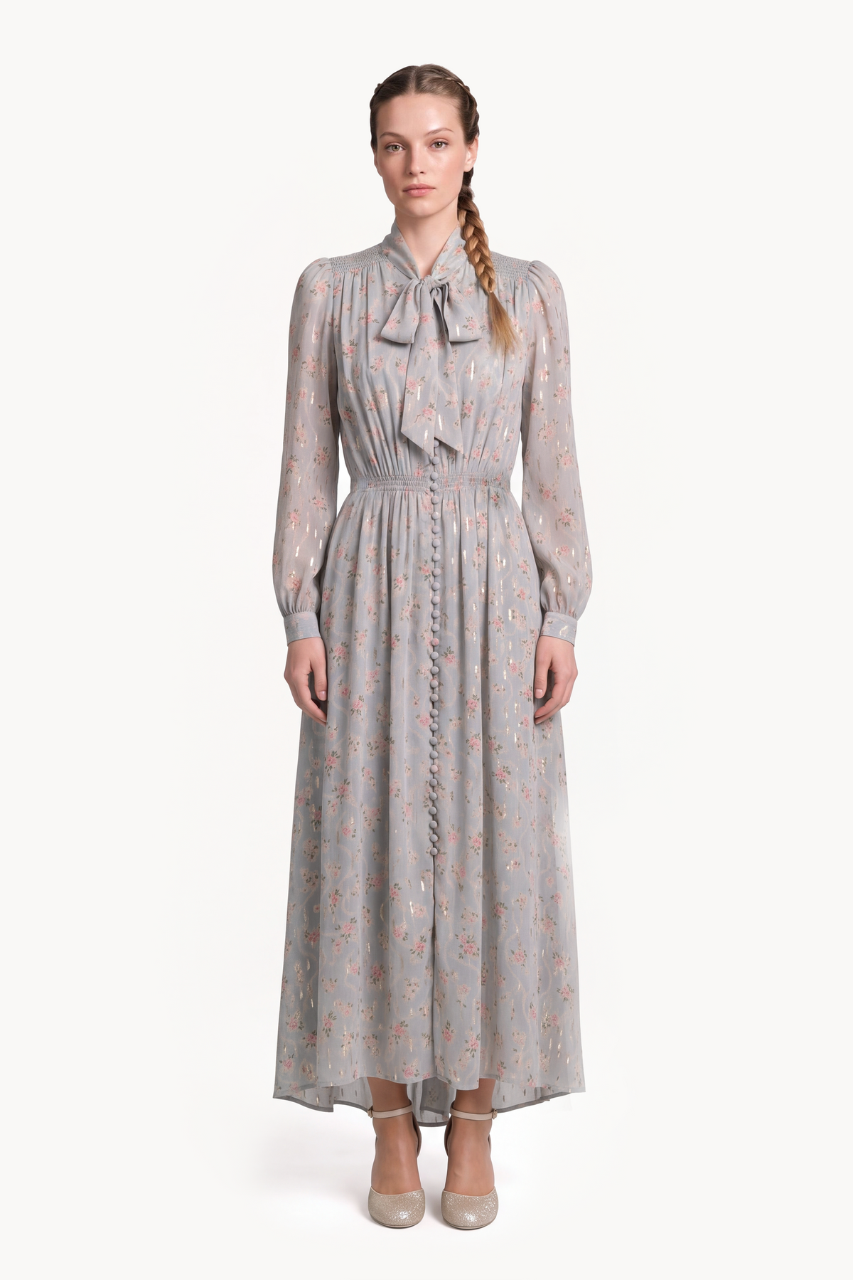 Button-front lavallière midi dress in floral gold fil coupé