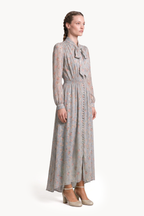 Button-front lavallière midi dress in floral gold fil coupé