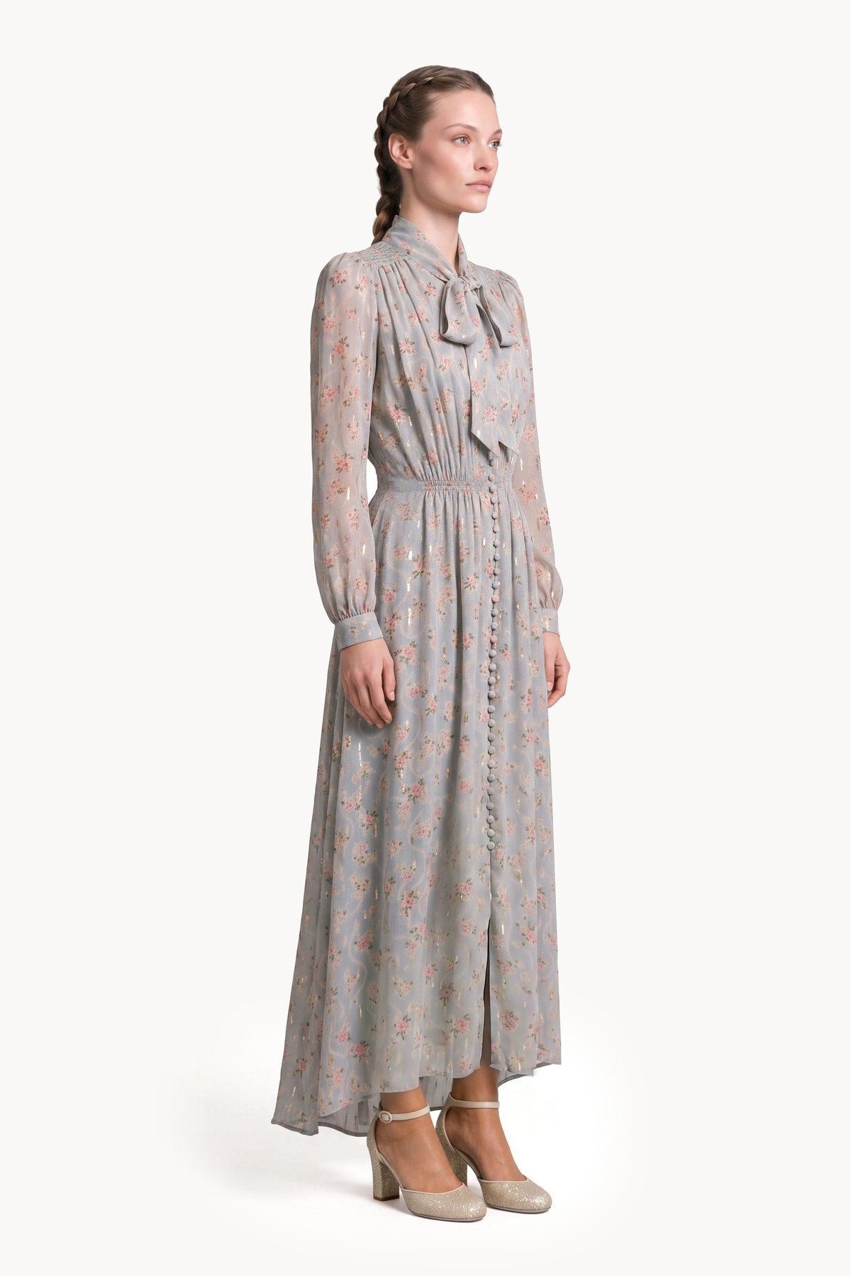 Button-front lavallière midi dress in floral gold fil coupé