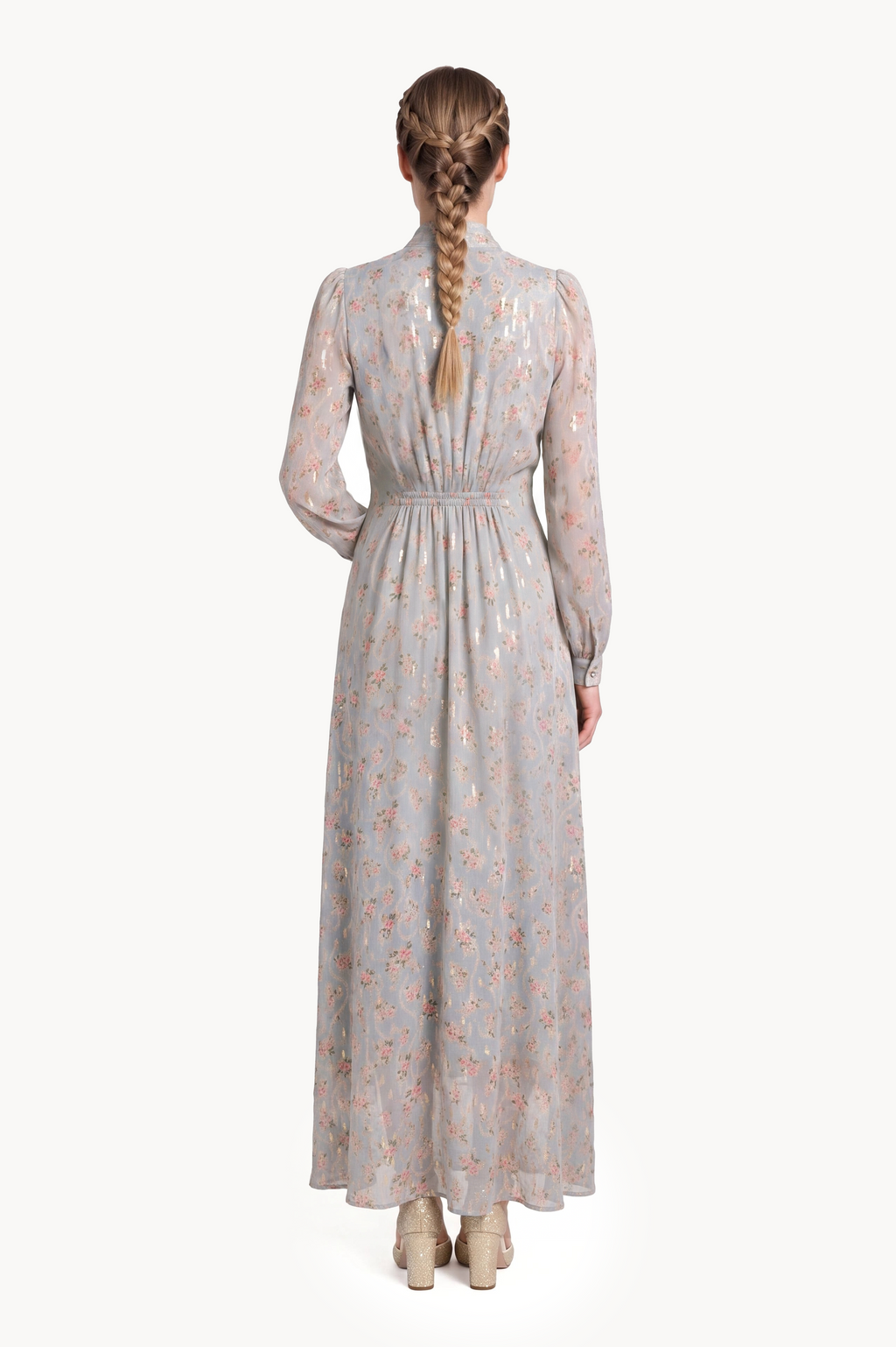 Button-front lavallière midi dress in floral gold fil coupé