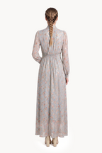 Button-front lavallière midi dress in floral gold fil coupé