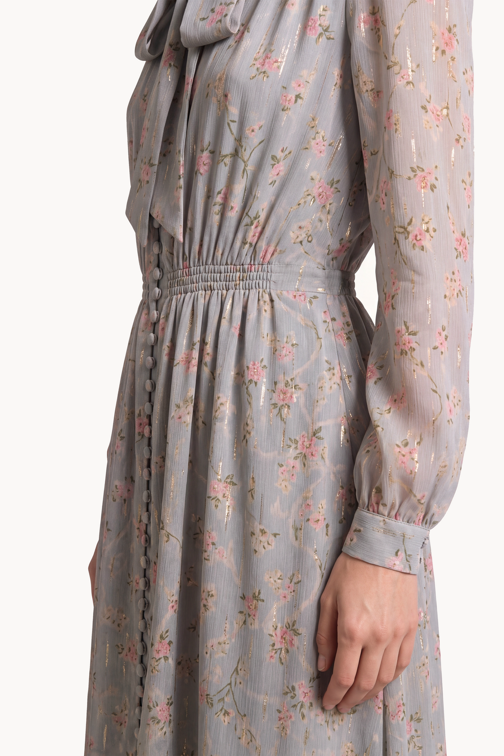 Button-front lavallière midi dress in floral gold fil coupé