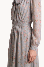 Button-front lavallière midi dress in floral gold fil coupé