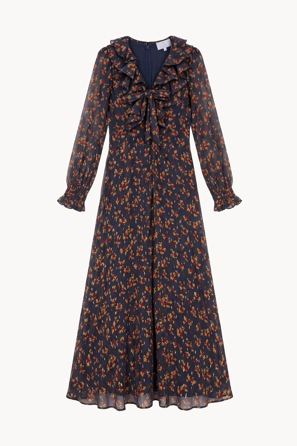 Floral Gold Fil coupè Dress With Ruffled Tie Neckline