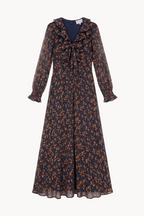 Floral Gold Fil coupè Dress With Ruffled Tie Neckline