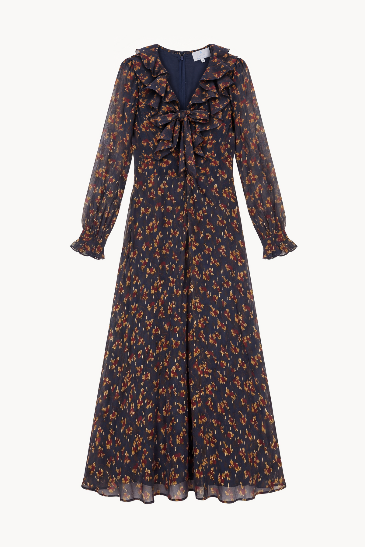 Floral Gold Fil coupè Dress With Ruffled Tie Neckline