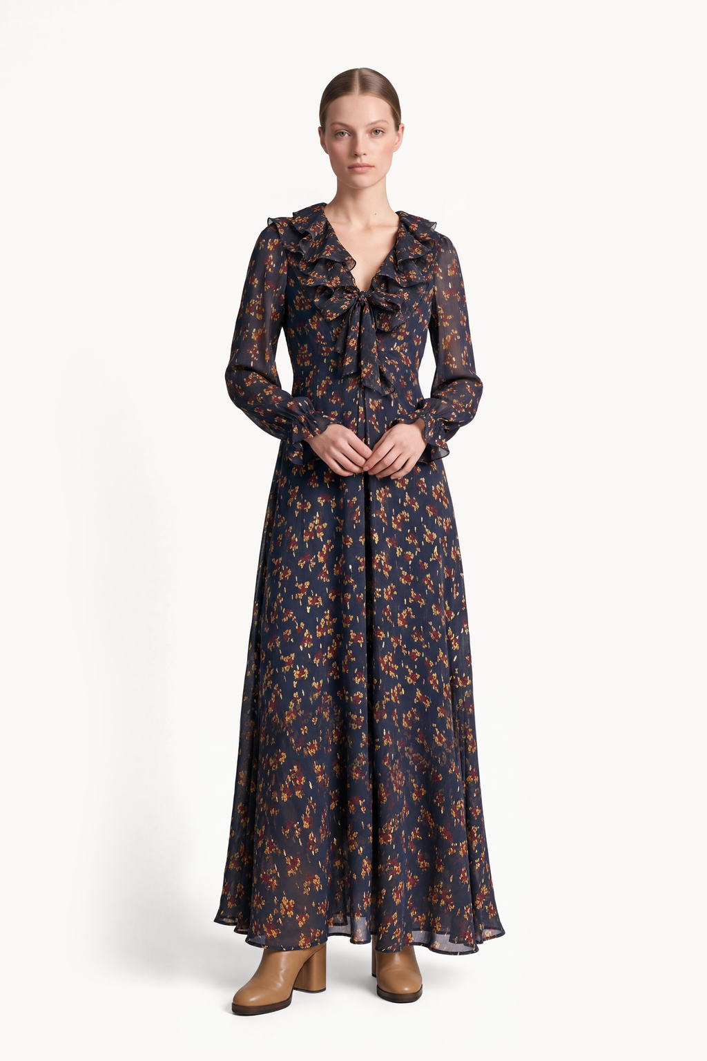 Floral Gold Fil coupè Dress With Ruffled Tie Neckline
