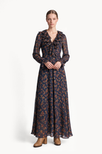 Floral Gold Fil coupè Dress With Ruffled Tie Neckline