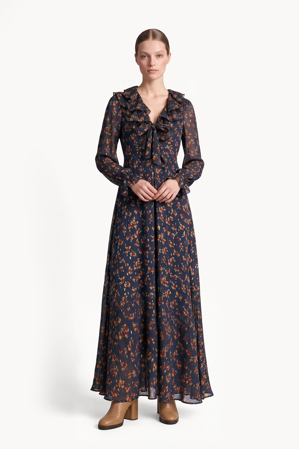 Floral Gold Fil coupè Dress With Ruffled Tie Neckline