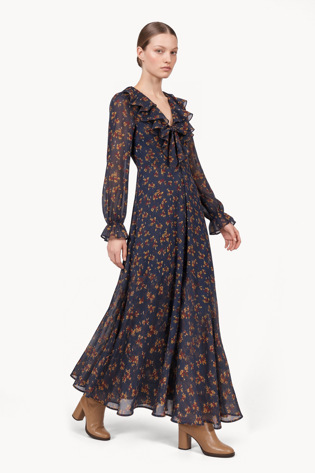 Floral Gold Fil coupè Dress With Ruffled Tie Neckline