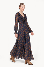 Floral Gold Fil coupè Dress With Ruffled Tie Neckline