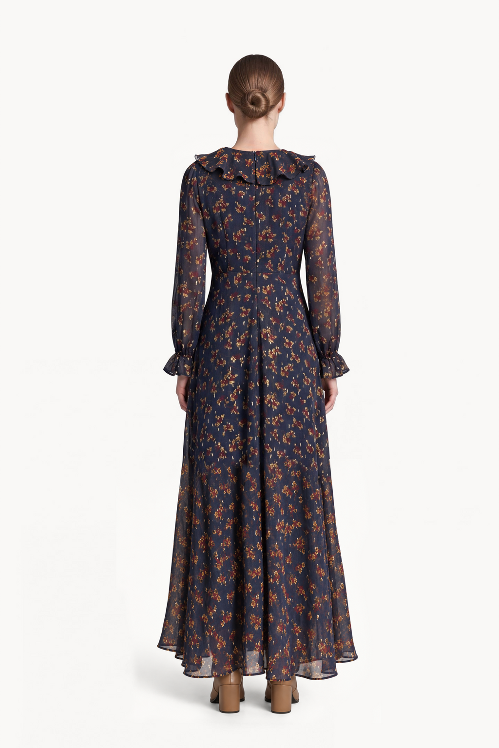 Floral Gold Fil coupè Dress With Ruffled Tie Neckline