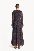 Floral Gold Fil coupè Dress With Ruffled Tie Neckline