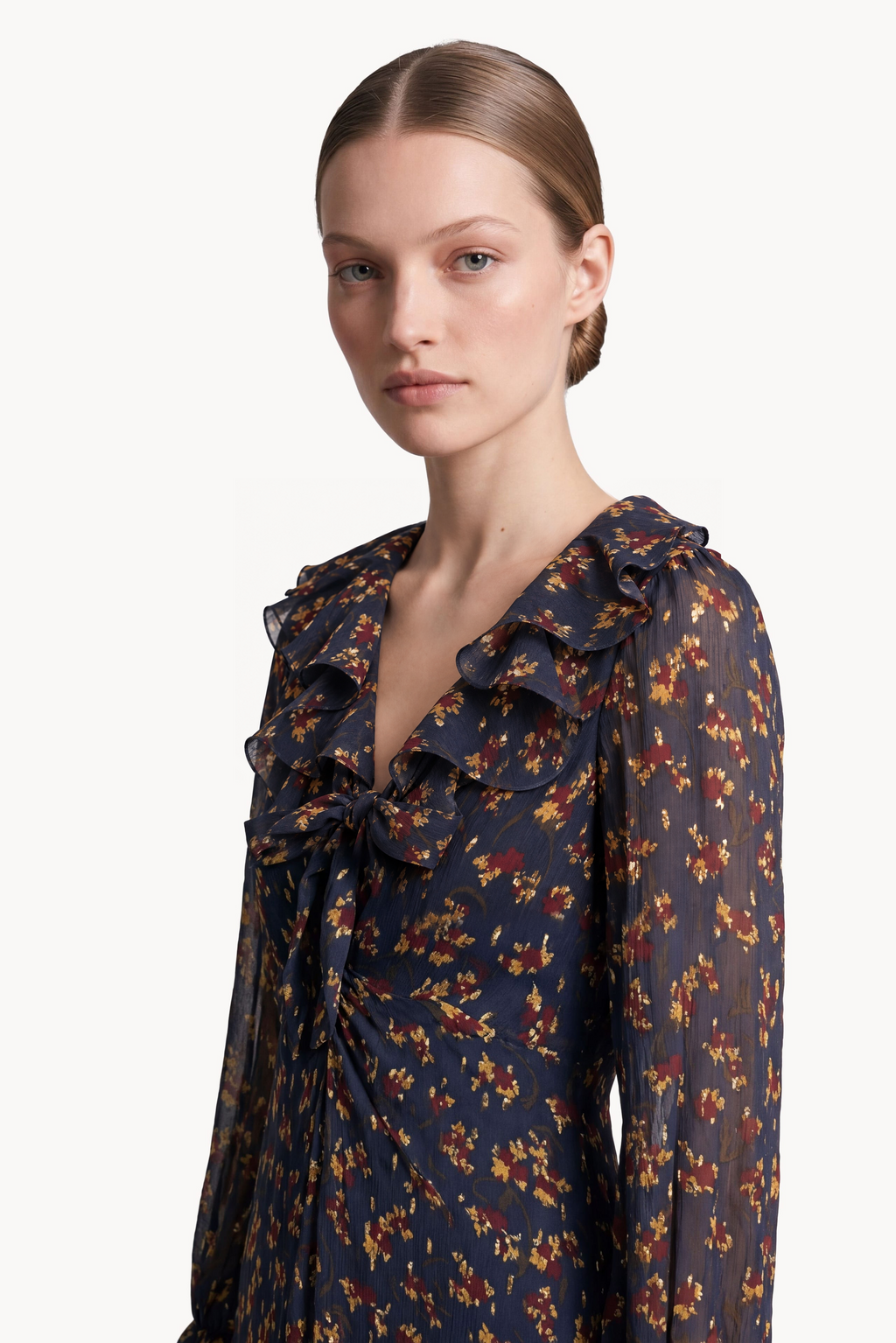 Floral Gold Fil coupè Dress With Ruffled Tie Neckline
