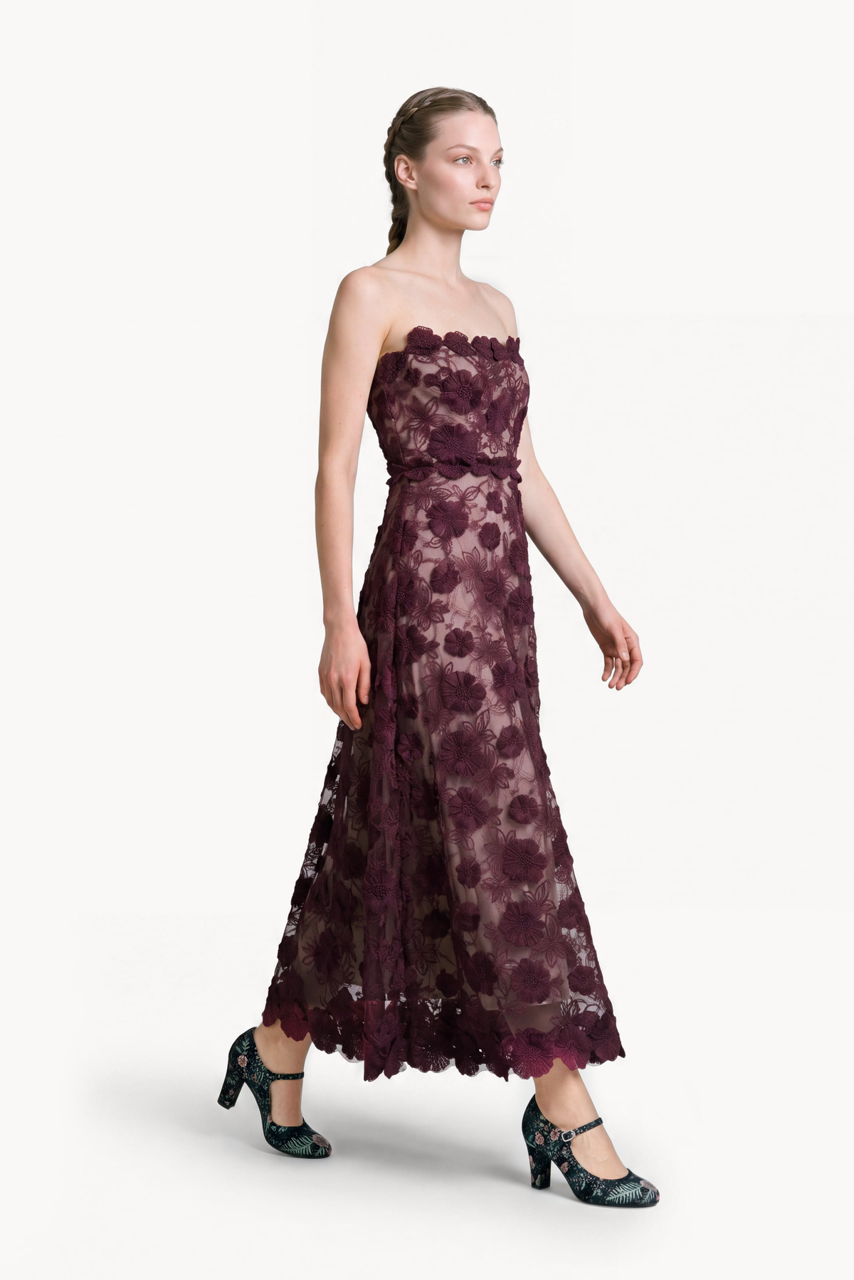 Floral-Embroidered Tulle Gown