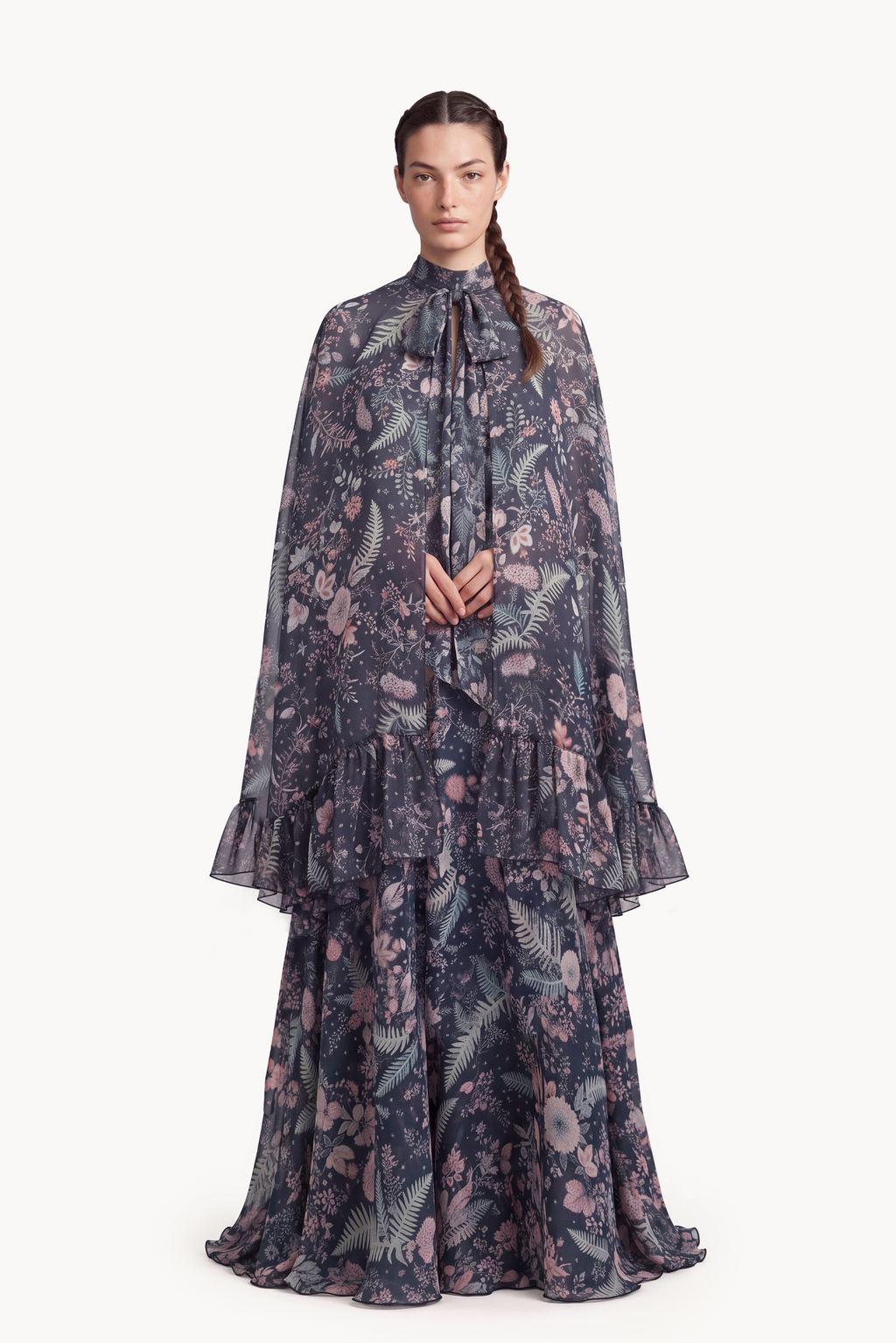 Botanical-Print Silk Chiffon Halter-Neck Gown and Cape