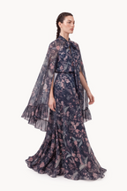 Botanical-Print Silk Chiffon Halter-Neck Gown and Cape