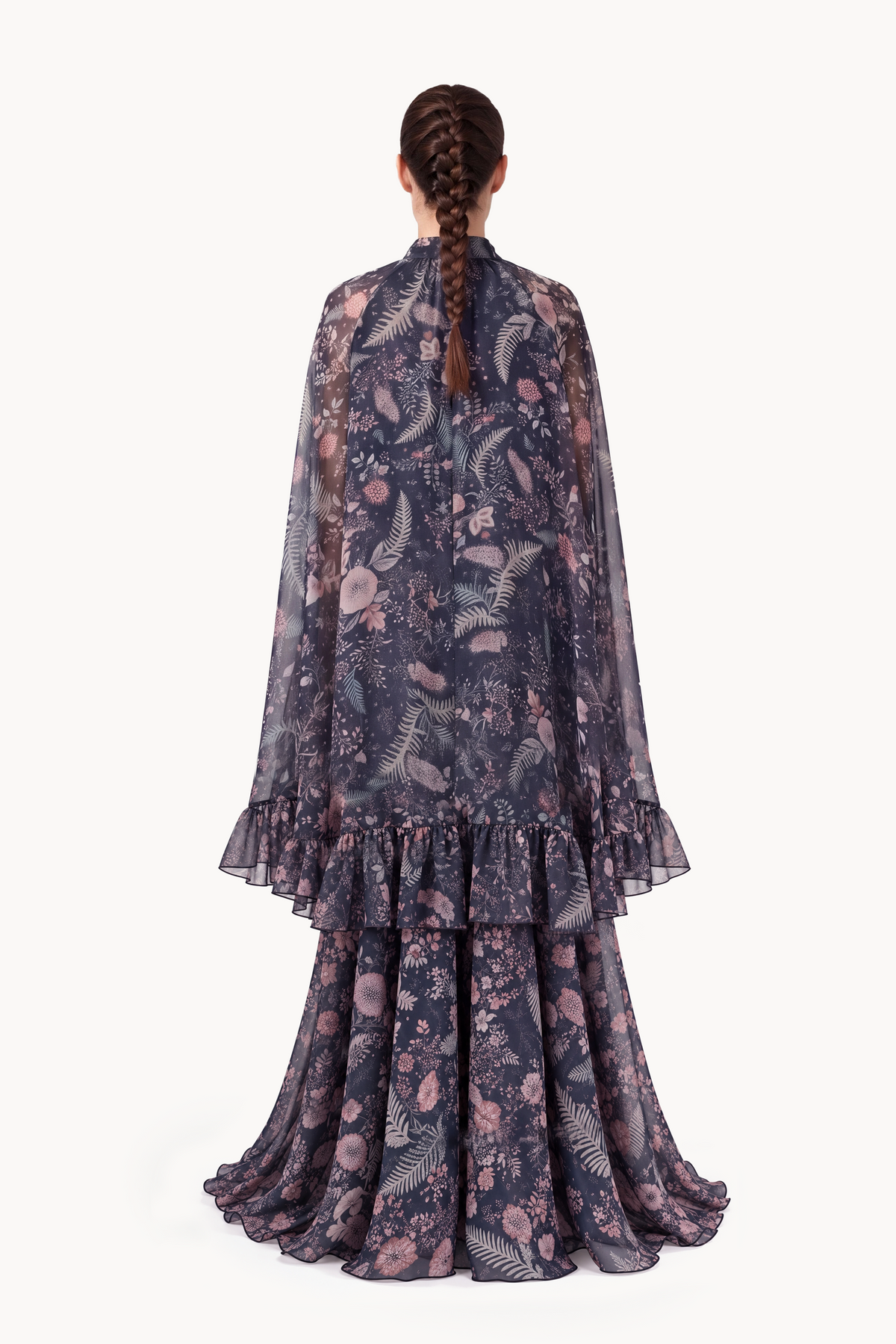 Botanical-Print Silk Chiffon Halter-Neck Gown and Cape