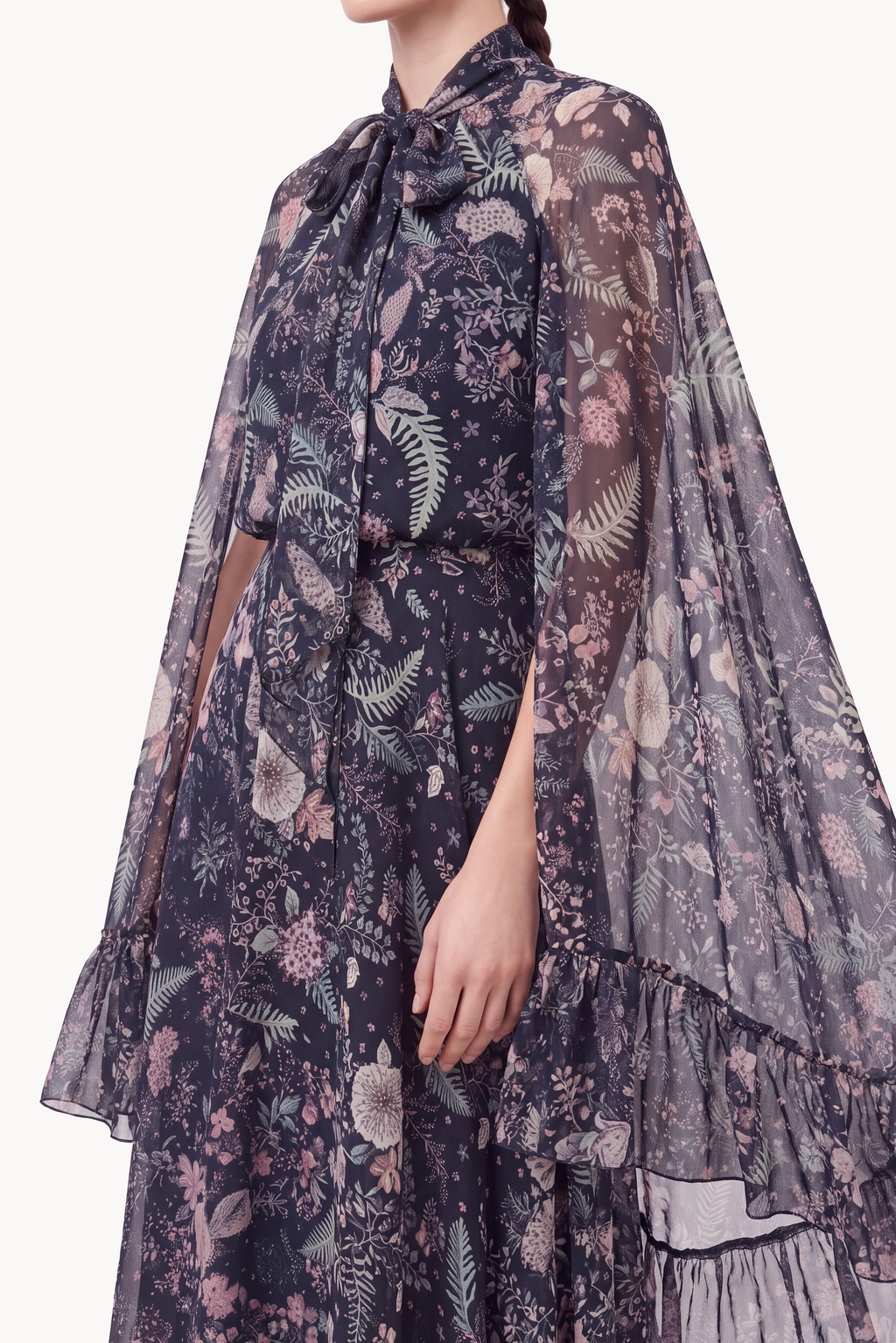 Botanical-Print Silk Chiffon Halter-Neck Gown and Cape