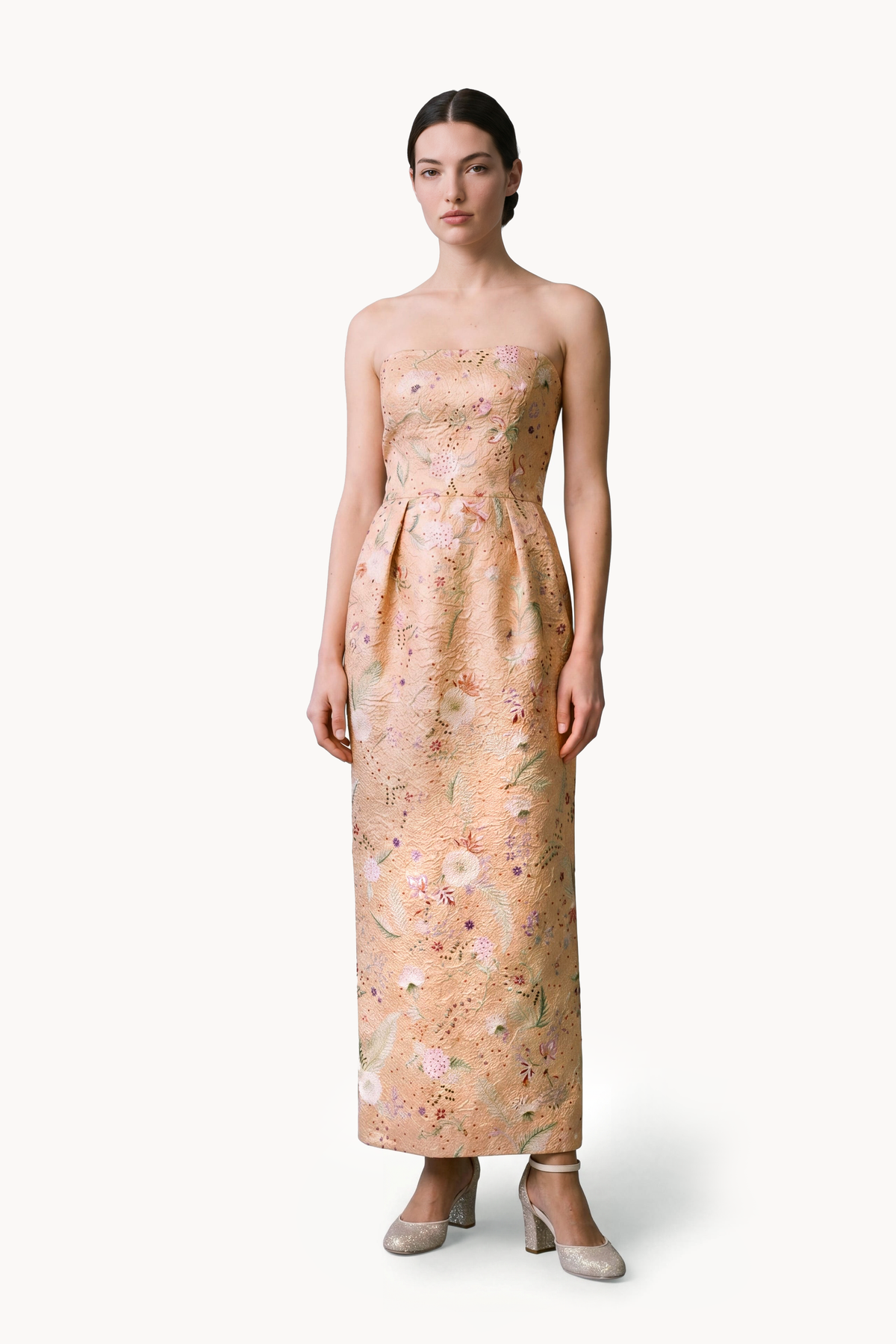 Crystal-Embellished Botanical Brocade Dress