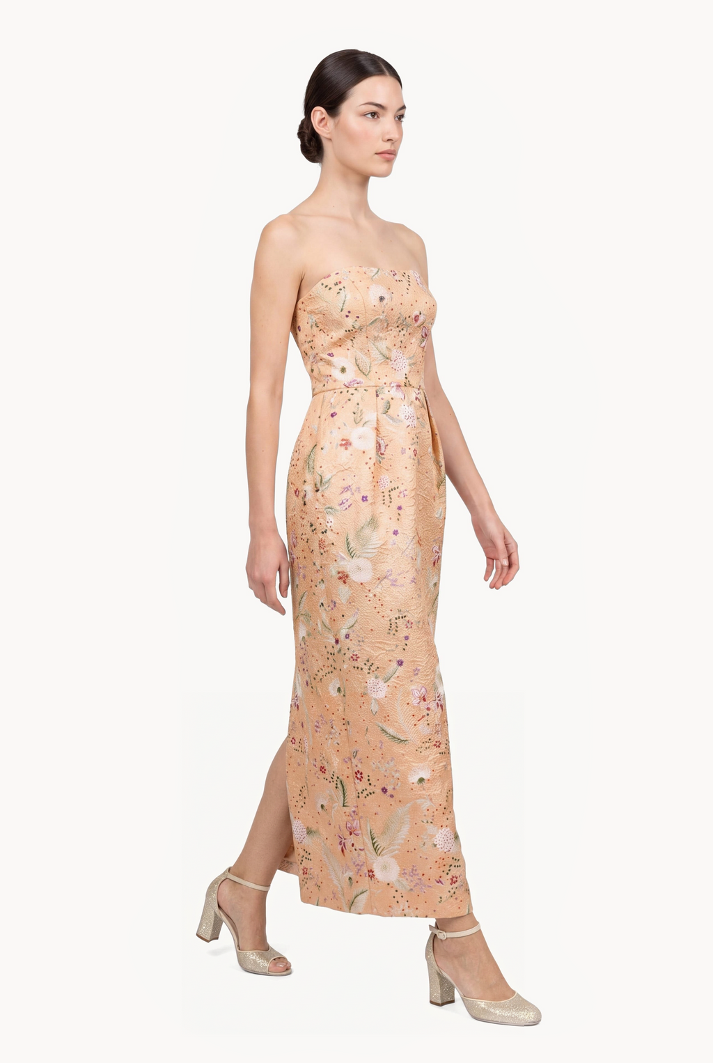 Crystal-Embellished Botanical Brocade Dress