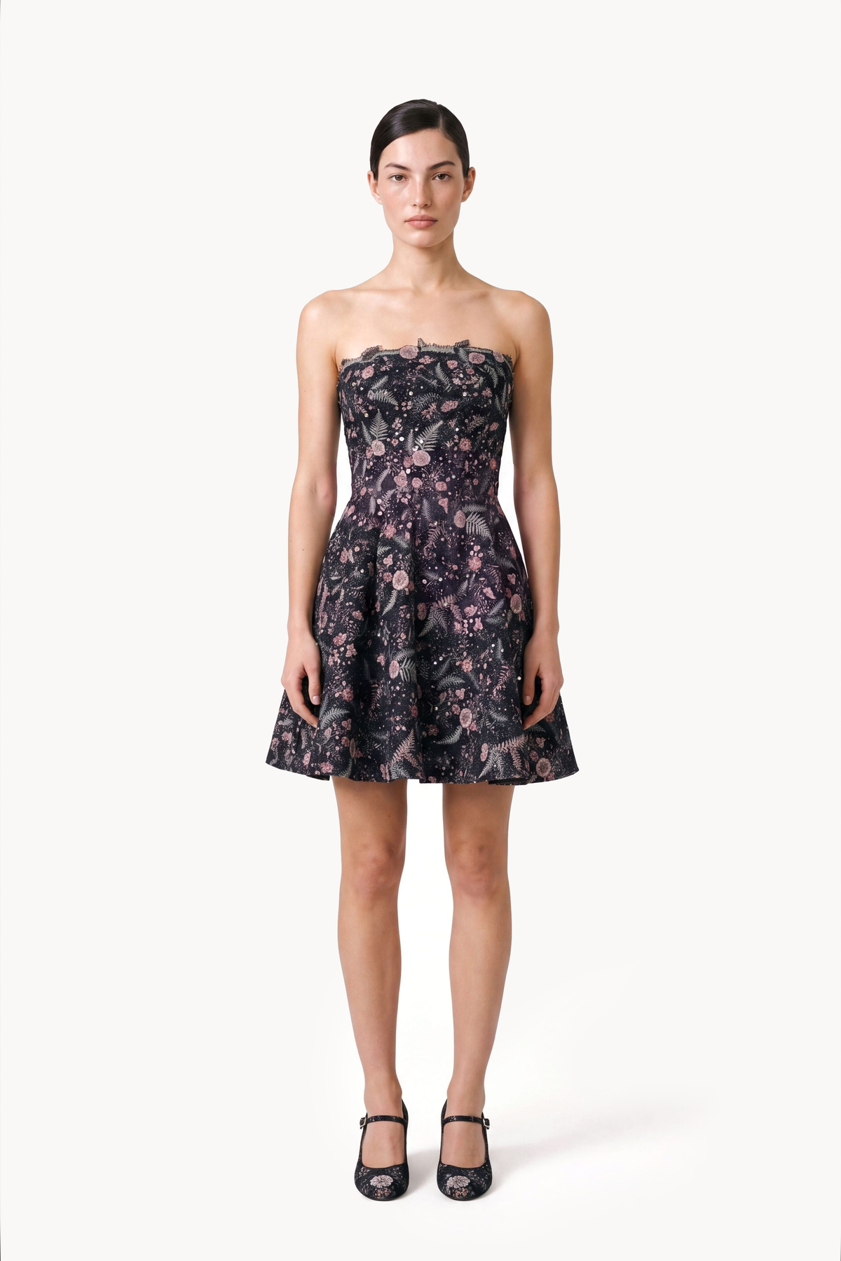 Crystal-Embellished Floral Brocade Mini Dress