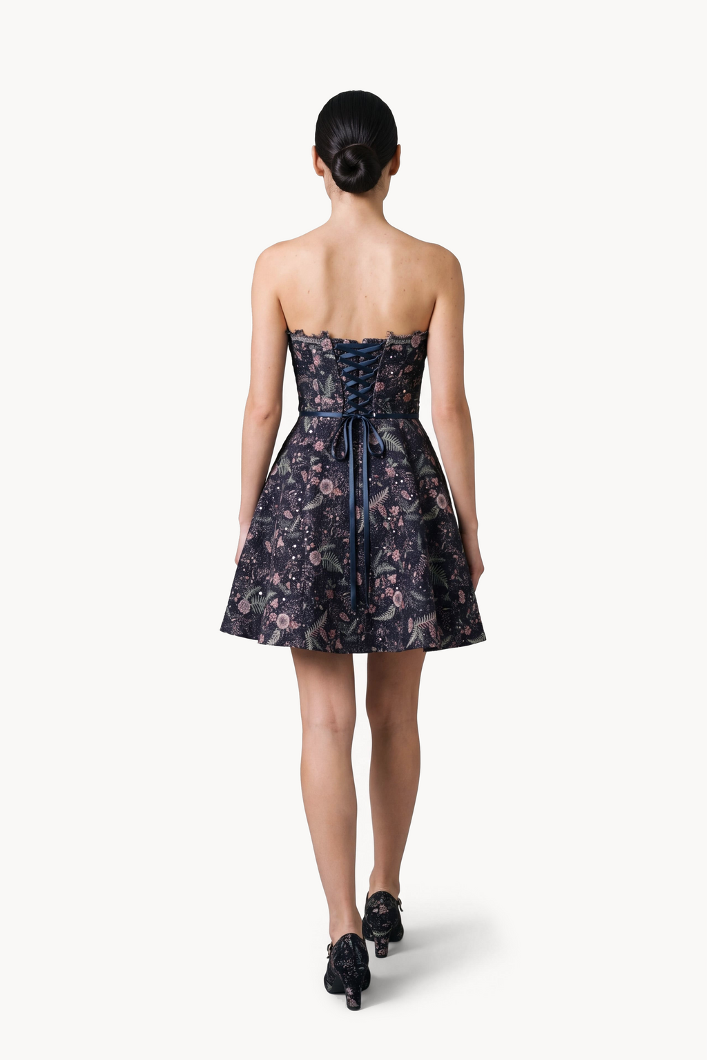 Crystal-Embellished Floral Brocade Mini Dress
